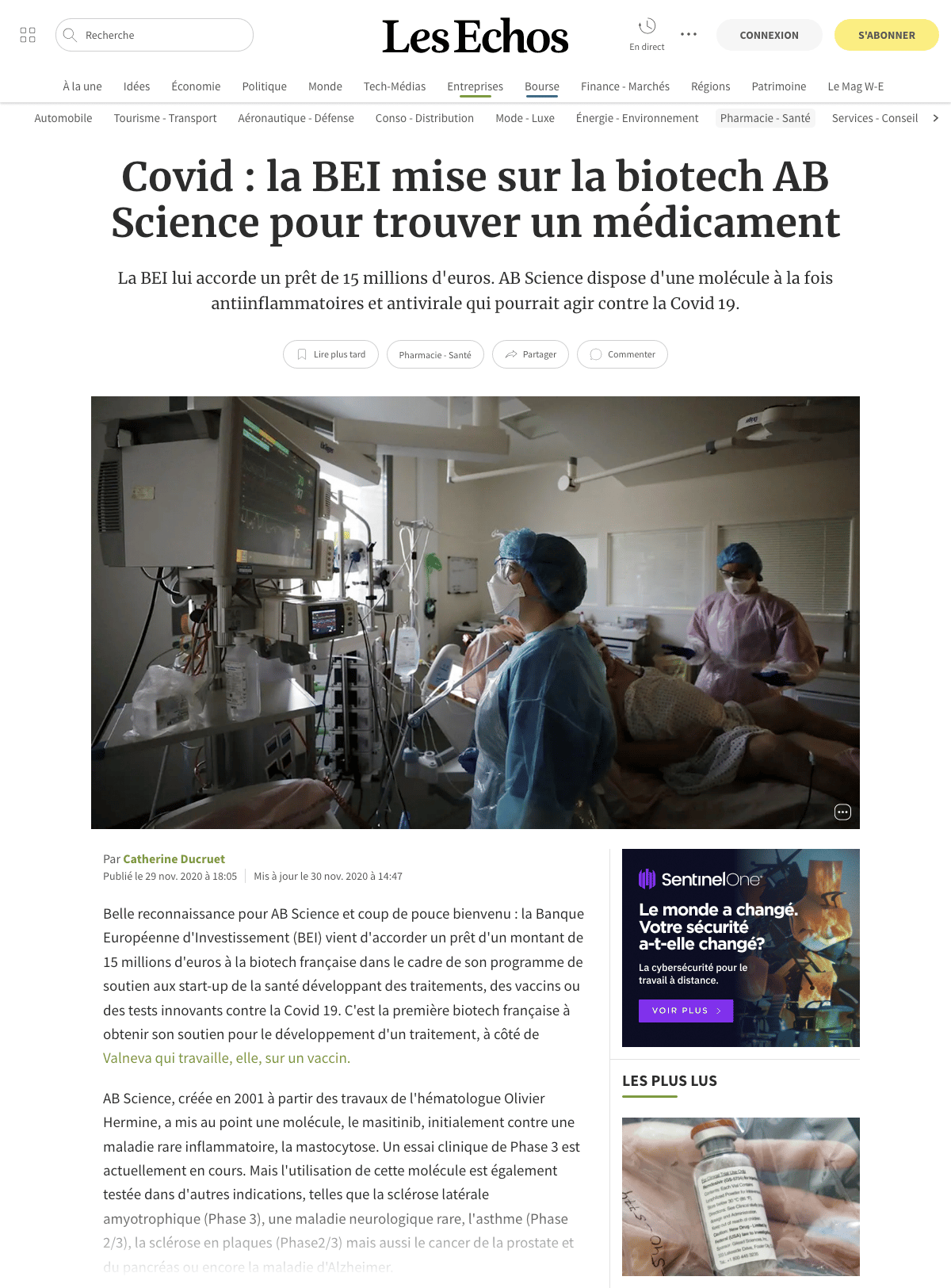 30/11/2020 Les Echos Covid : la BEI mise sur la biotech AB Science pour trouver un médicament